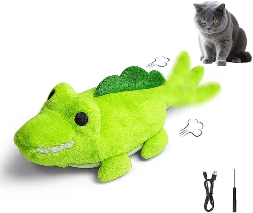 Miniatura 12 de Juguetes interactivos para gatos de interior – Juguete de caza de cocodrilo con carga automática con movimiento de 360°, cola meneante y hierba