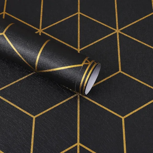 Miniatura 13 de Safiyya Papel tapiz geométrico azul y dorado, autoadhesivo, extraíble, impermeable, para paredes, rollo de vinilo de 118 x 17.3 pulgadas