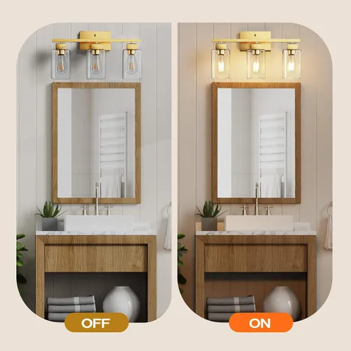 Miniatura 5 de PARTPHONER Lámparas de baño de 3 luces, luces de tocador modernas de oro cepillado, accesorios de iluminación de baño sobre el espejo, apliques