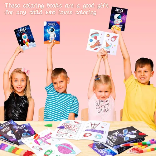 Miniatura 7 de BenLouis 24 mini libros para colorear del espacio exterior para niños con 24 crayones apilables, regalos de fiesta de astronautas, libros