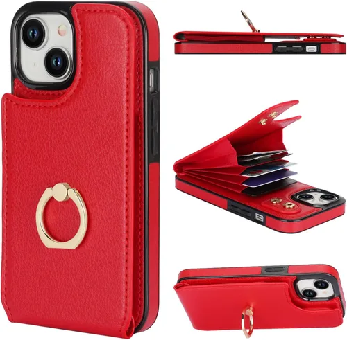 Miniatura 10 de Folosu Compatible con iPhone 15 Funda cartera con tarjetero con rotación de 360°, soporte de anillo de dedo con función atril, bloqueo RFID