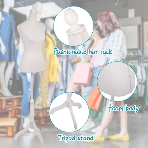 Miniatura 5 de Dkeli Maniquí de torso con base de trípode de madera, apto para clavar alfileres, para vestido de mujer, con altura ajustable de 60 a 67 pulgadas