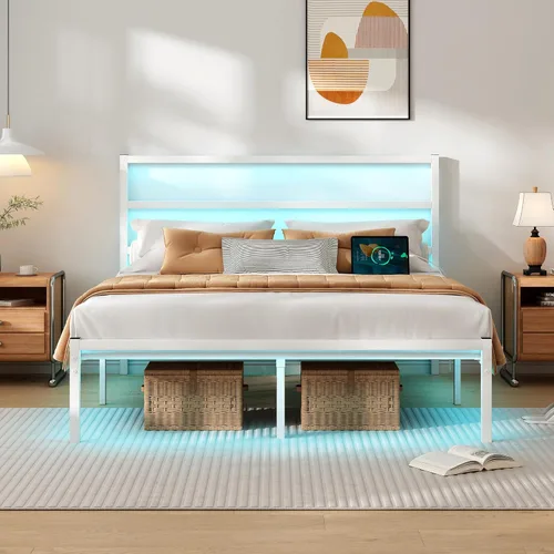 Miniatura 8 de CLIBFENG - Base de cama Queen con cabecera, listones de acero resistentes de apoyo - Base de cama LED con estación de carga USB, fundamento