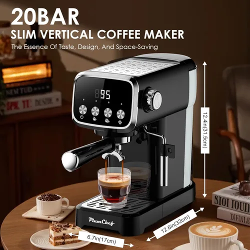 Miniatura 2 de PlumChef 20BAR - Máquina de café espresso vertical delgada con espumador de leche, calentador de tazas integrado, tanque desmontable de 43 onzas