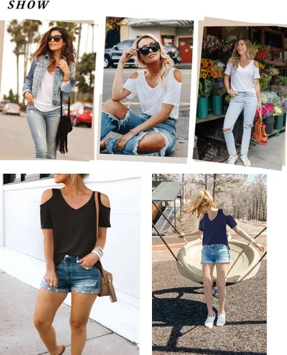 Miniatura 3 de Elesomo Camisetas básicas de verano de manga corta y larga con cuello en V para mujer