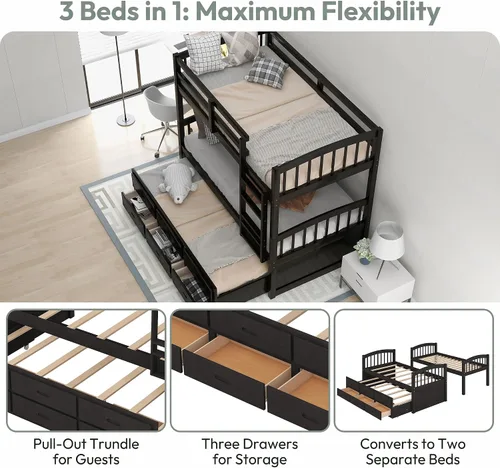 Miniatura 4 de Harper&Bright Designs - Litera individual sobre individual con barandilla de seguridad, escalera, cama nido individual con 3 cajones para niños