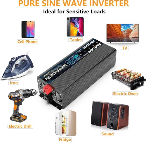 Miniatura 4 de Inversor de corriente de onda sinusoidal pura, 3000 W, 12 V CC a 110 V/120 V CA, pico de 6000 W, control remoto, 4 salidas de CA, USB dual, pantalla