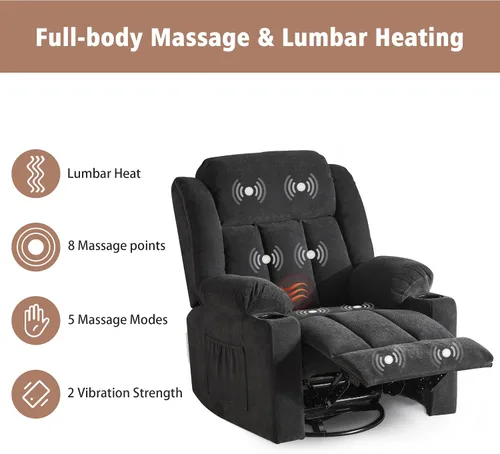 Miniatura 4 de Ketaiyou Rocker - Silla reclinable giratoria para adultos, deslizador reclinable manual grande con masaje y calor, cómoda y suave tela para sala