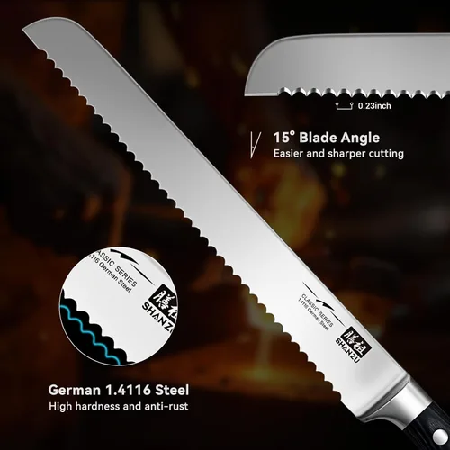 Miniatura 4 de SHAN ZU - Cuchillo para pan de 10" - Cuchillo profesional de rebanar masa madre, hoja serrada de acero inoxidable alemán 1.4116, mango ergonómico