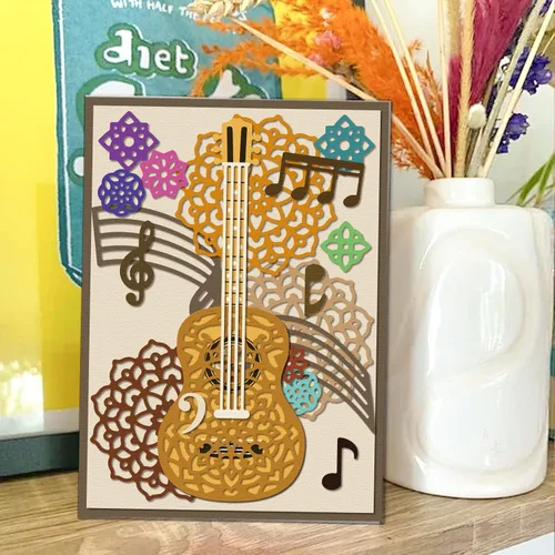 Miniatura 3 de GLOBLELAND Troqueles de corte de guitarra de mandala para bricolaje álbumes de recortes, notas musicales, troqueles de flores de mandala, troqueles