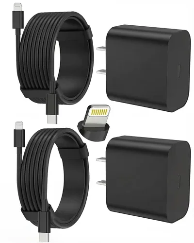 FEEL2NICE Cargador de iPhone de carga rápida, paquete de 2 bloques de carga de pared tipo C con 2 unidades [6 pies y 10 pies] cable USB C a Negro