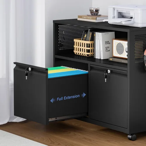 Miniatura 6 de Archivador de metal con 2 cajones con cerradura, gabinete archivador con soporte para impresora móvil y estantes para archivos de tamaño Negro