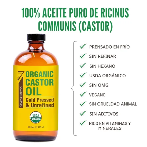 Miniatura 2 de Seven Minerals Nuevo Aceite de Ricino Orgánico Prensado en Frío Sin Refinar en Botella de Vidrio de 16 fl oz - Paquete de Botella de Vidrio - 100%