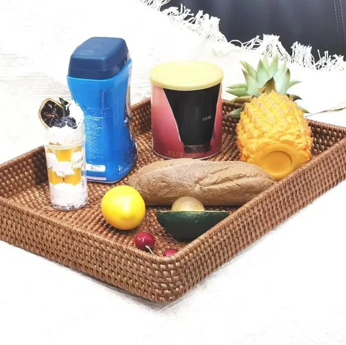 Miniatura 6 de i-lan Mesa de café rectangular de ratán otomano de 17 pulgadas sin asas, bandeja rectangular de mimbre natural con pared de 2.4 pulgadas