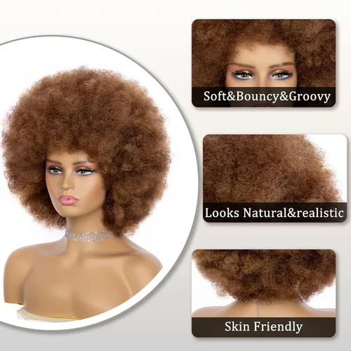 Miniatura 4 de Peluca Afro para Mujeres - Mezcla Marrón Pelucas Afro de los 70s de Aspecto Natural Enormes Pelucas Afro Kinky Rizadas con Flequillo Peluca Afro