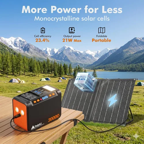 Miniatura 6 de Takki Generador Solar Portátil de 111Wh Estación de Energía con Panel Solar Plegable de 21W, Banco de Energía Cargador Solar de Pico de 120W