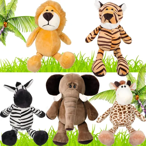 Juego de 5 animales de peluche de safari, incluye leones, tigre, elefantes, cebras y jirafas, animales salvajes de 11.8 pulgadas, juguetes suaves y