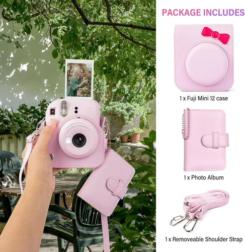 Miniatura 7 de Funda para cámara instantánea Fuji Mini 12, adorable funda de piel sintética con lazo, compatible con cámara Fuji Instax Mini 12, bolsa para cámara