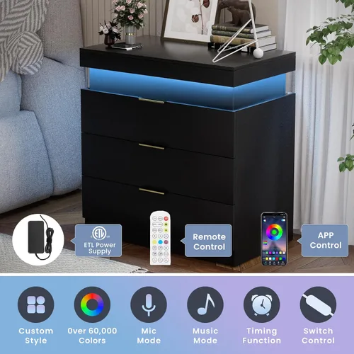 Miniatura 5 de Mesita de noche LED con 3 cajones, moderna mesita de noche blanca con espacio de almacenamiento oculto en la parte superior, mesita de noche