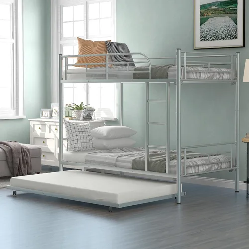 Miniatura 14 de KLMM Literas de metal de tamaño individual sobre matrimonial con 2 escaleras y cama nido para niños, adolescentes y adultos, (negro)