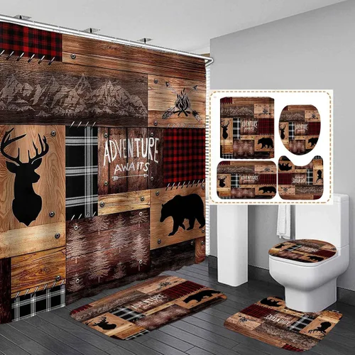 Miniatura 7 de Camille&Andrew - Juego de 4 cortinas de ducha de oso rústico negro, decoración de baño de animales salvajes, alfombra de baño antideslizante