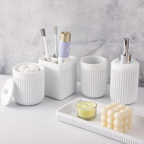 Miniatura 13 de XLHOMO Juego de accesorios de baño de resina beige de 5 piezas, dispensador de jabón y loción, soporte para cepillo de dientes, vaso de baño, porta