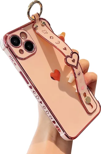 Miniatura 7 de DEFBSC Funda compatible con iPhone 15, con borde galvanizado, diseño de corazón con correa para la muñeca, protección completa de la cámara