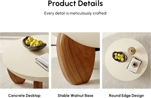 Miniatura 4 de homary - Mesa de café redonda de hormigón con patas premium de madera de nogal y fresno, mesa central de acabado de cemento moderno minimalista
