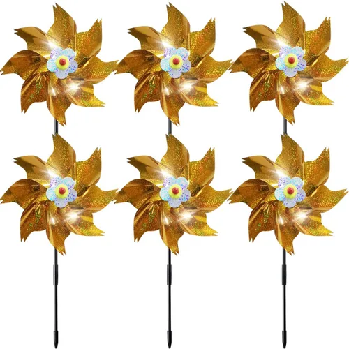 Miniatura 7 de Molinillos reflectantes brillantes con estacas, molinillos de viento para exteriores, dispositivos de miedo de pájaros, rueda de alfiler holográfico