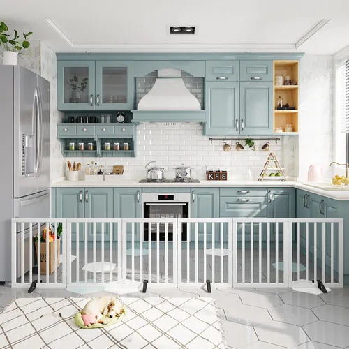 Miniatura 32 de Puerta plegable negra para mascotas de 18-55 pulgadas para escaleras y puertas, valla de puerta para cachorros