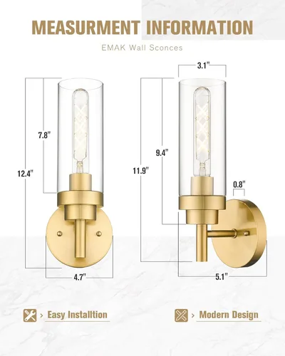 Miniatura 4 de Emak Apliques Dorados Cepillados Decoración de Pared Juego de 2, Luminarias Modernas para Baño Aplique de Pared con Pantalla de Vidrio Transparente