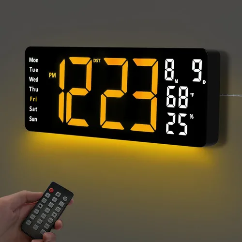 Miniatura 8 de Reloj de pared digital de 17.5 pulgadas, pantalla LED con hora, fecha, mes, temperatura y humedad, control remoto DST, alarma, temporizador, brillo