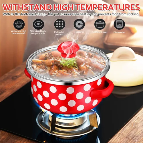 Miniatura 6 de Juego de 3 mini ollas de cocina esmaltadas con asas dobles y tapas, parte inferior plana para calefacción uniforme para sopas, salsas, guisos, uso