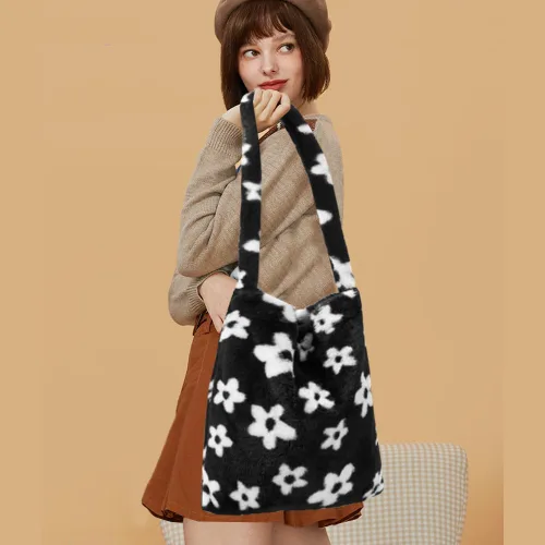 Miniatura 3 de Bolso de mano peludo y esponjoso, bolso grande y mullido, lindo bolso de felpa con cremallera para mujeres y niñas, bolso de hombro de piel