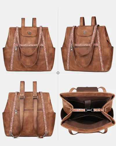 Miniatura 8 de FADEON Bolso Grande para Laptop de Cuero para Mujer, Bolso de Mano de Diseño, Mochila de Viaje a la Moda, Bolso de Hombro 1 estilo retro marrón
