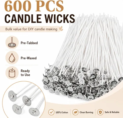 Miniatura 2 de Newwiee 600 mechas de velas de algodón preenceradas de 6 pulgadas para hacer velas, hechas de bricolaje, gruesas, con base