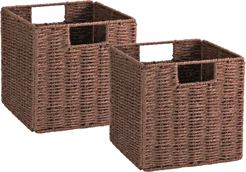 Miniatura 28 de VAGUSICC - Canastas de almacenamiento tejidas a mano, juego de 2, con asas, plegables, tipo cubo, de 13 pulgadas, grandes, de mimbre, para estantes