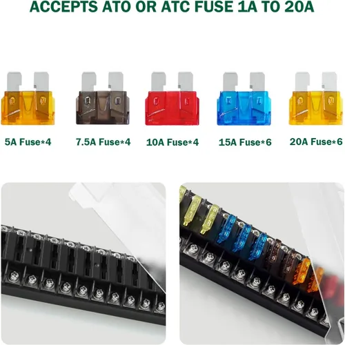Miniatura 3 de LENKRAD Bloque de fusibles de 12 vías con caja de fusibles de hoja sin indicador de advertencia LED, 12 circuitos ATC/ATO con bus negativo, cubierta