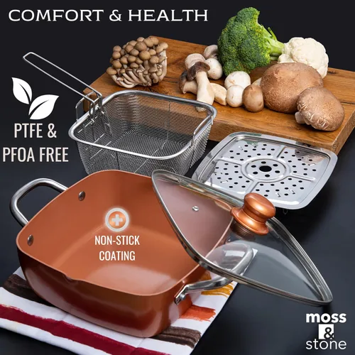 Miniatura 3 de Moss & Stone 6 Piezas Juego de Utensilios de Cocina Chef de Cobre Antiadherente Sartén Honda para Freír 9.5" x 3.5", Canasta para Freír, Rejilla 6