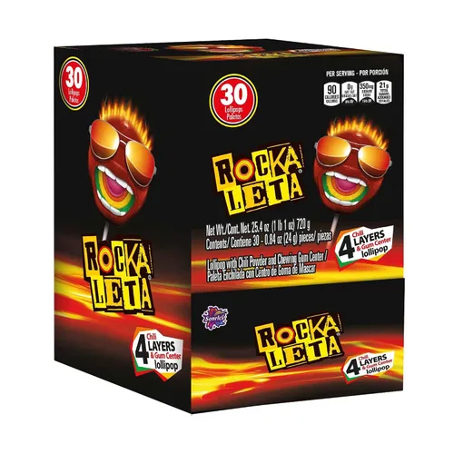 Sonrics Rockaleta Lollipop Chili Capas con Centro de Gomas, Picante, Agriduras, Dulces Paletas, Caja Dispensador de 25.3 oz (Paquete de 8)