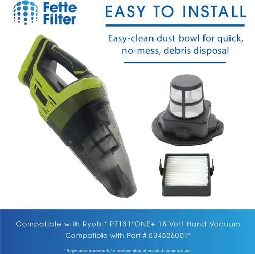 Miniatura 4 de Fette Filter - Juego de pantallas de filtro P7131 compatible con Ryobi P7131, P7131ID 18V ONE+ HAND VACUUM Parte # 534526001 y filtro 533907002