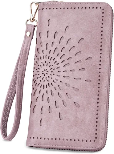 Miniatura 11 de APHISON Billetera para mujer, gran capacidad, monedero, tarjetero, RFID, pulsera, teléfono, cremallera, moneda, bolsillo de viaje azul