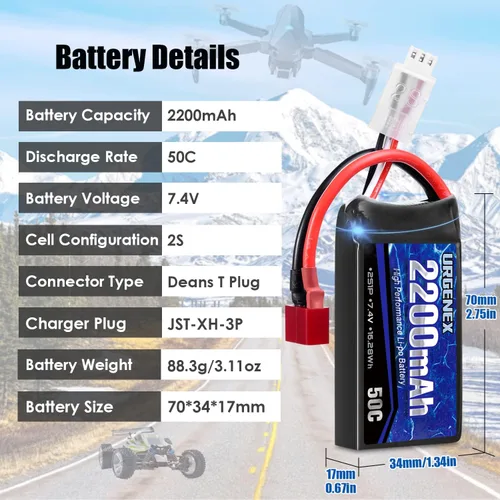 Miniatura 2 de Batería Lipo de 7.4 V 2200 mAh 50C (burst 80C) Baterías RC de alta tasa de descarga con enchufe T estilo Dean para RC Car Truggy, RC Airplane, FPV