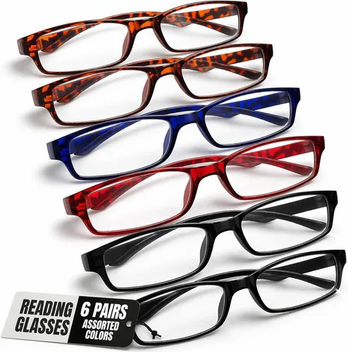BOOST EYEWEAR - Paquete de 6 lentes de lectura, marcos tradicionales en varios colores, para hombres y mujeres, con bisagras con resorte
