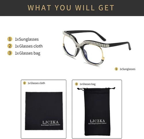 Miniatura 5 de LJCZKA Gafas de bloqueo de luz azul de gran tamaño para mujer, con diamantes de imitación, anti luz azul, lentes de diamante antifatiga ocular