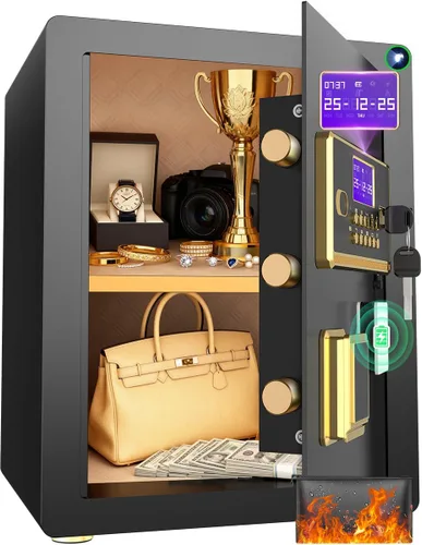 Caja de seguridad con teclado digital y sistema de alarma - Caja de seguridad electrónica para joyas y dinero con estantes ajustables - Incluye luz