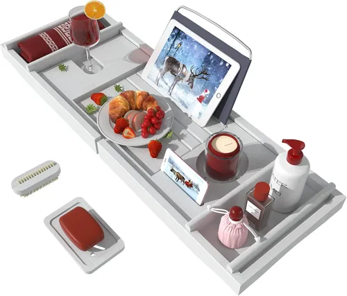 Miniatura 10 de Bandeja de bañera para baño de lujo, mesa de baño expandible de bambú impermeable sobre la bañera con soporte para vino y libros y jabonera gratis