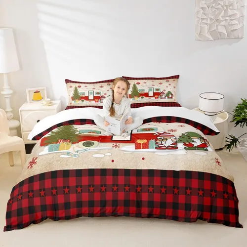 Miniatura 38 de Juego de funda de edredón para niños con diseño de Navidad, tamaño individual, camiones rojos y árboles de pino con copos de nieve, decoración