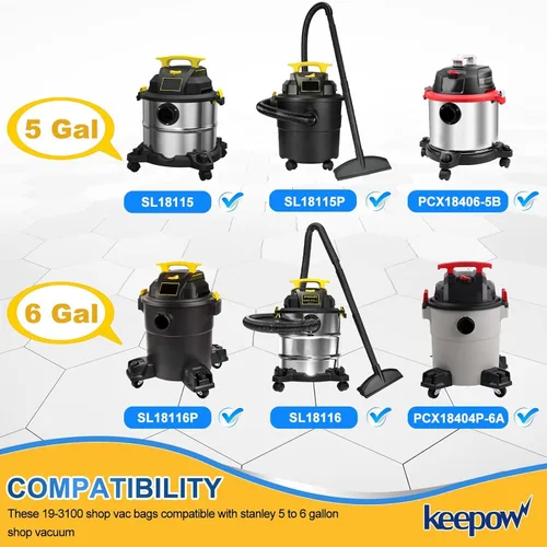 Miniatura 2 de KEEPOW Paquete de 11 (9+2) 19-3100 bolsas para aspiradora Stanley de 5 a 6 galones para aspiradoras húmedas/secas, bolsas de filtro desechables