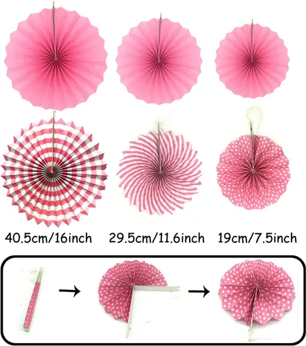 Miniatura 3 de ZERODECO Juego de abanicos de papel para colgar en fiestas, globos de confeti rosa, abanicos plegables decorativos, pompones de papel, banderas
